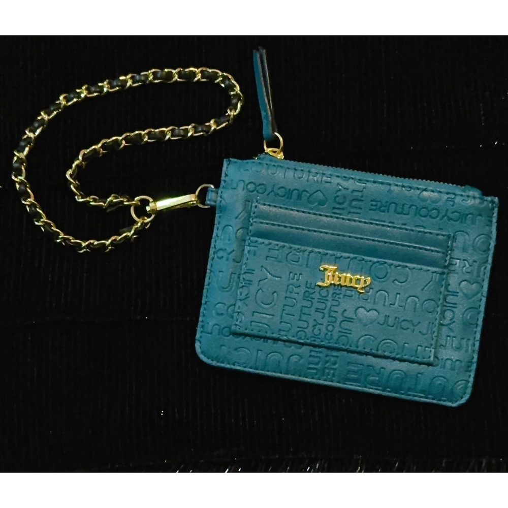 Juicy Couture Card Holder Womens OS Teal Embossed Logo Chain Wristletā